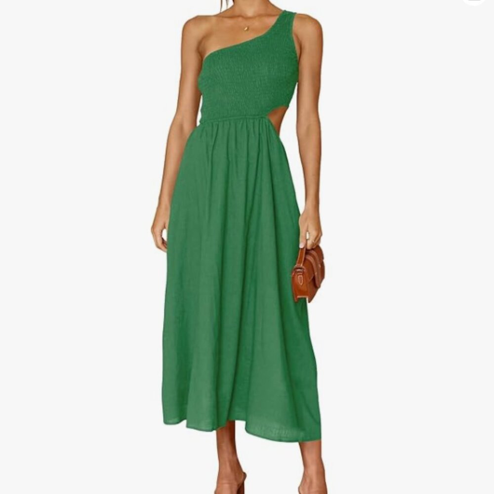 Green Smocked One Shoulder Cutout Sundress Flowy A-Line Beach Long Maxi Dress